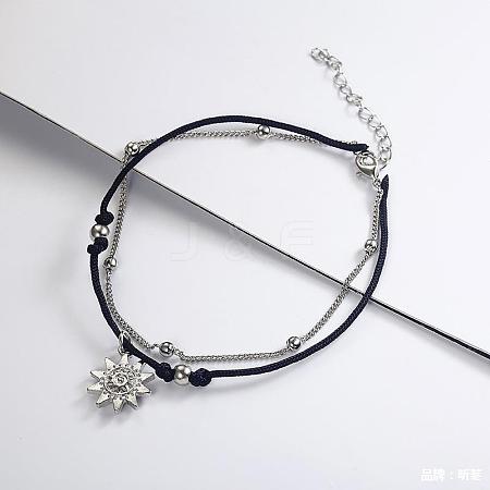 Sun Alloy Charm Waxed Cord Double Layer Anklets for Women FS-WG12E23-01-1