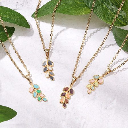 Leaf 304 Stainless Steel Enamel Pendant Cable Chain Necklaces for Women NJEW-JN05139-1