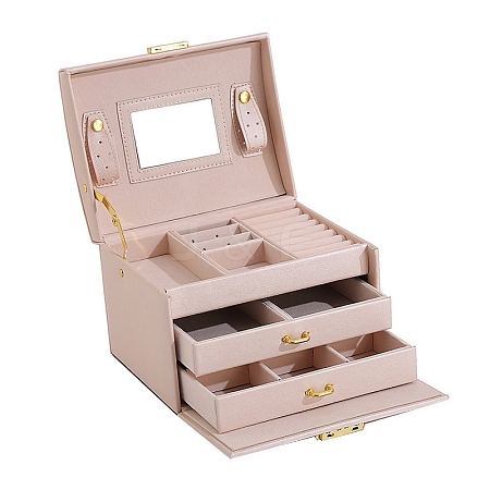 3-Layer Imitation Leather Jewelry Drawer Organizer Box with Handle and Mirror Inside PW-WG94119-04-1