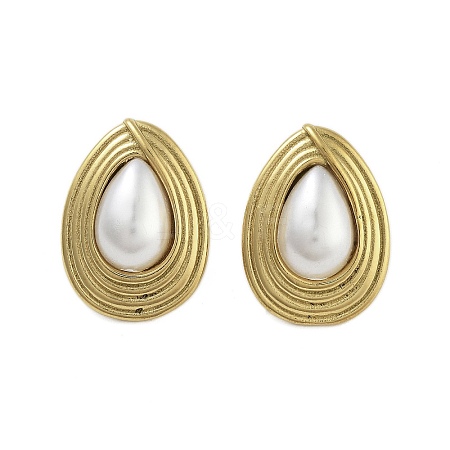 Ion Plating(IP) 304 Stainless Steel & ABS Imitation Pearl Stud Earrings for Women EJEW-N054-37G-1