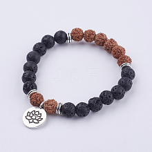 Yoga Theme Lava Rock Bodhi Wood Beads Stretch Charm Bracelets BJEW-L620-02C