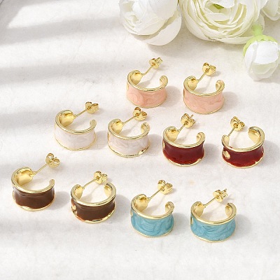 C-Shaped Brass Enamel Stud Earrings EJEW-P333-07G-1