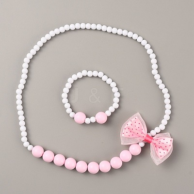 Plastic Bowkont Pendant Necklace and Round Beaded Stretch Bracelet SJEW-TAC0002-02-1