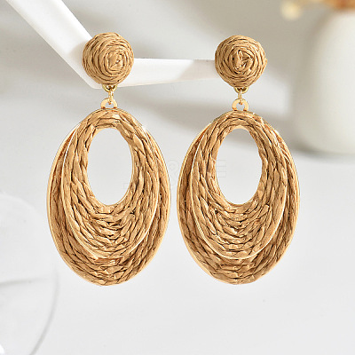 Oval Raffia Dangle Stud Earrings FS-WG8712C-05-1