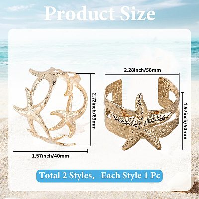 2Pcs 2 Styles  Starfish Alloy Arm Cuff Bangles for Girl Women BJEW-CY0001-05G-1