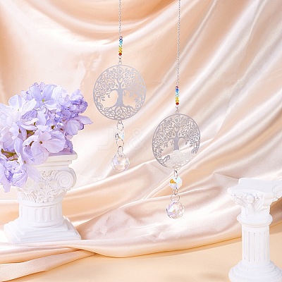 2Pcs 201 Stainless Steel Tree of Life Shape & Rainbow Crystal Glass Hanging Suncatcher HJEW-TA00446-1