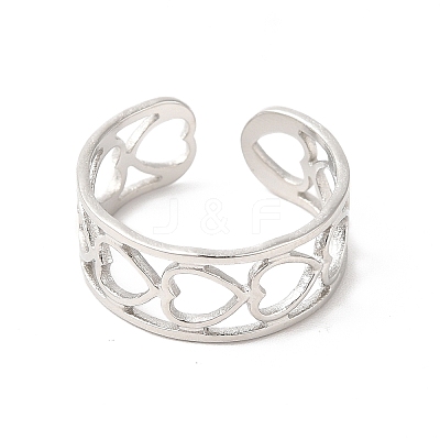 Non-Tarnish 304 Stainless Steel Hollow Out Heart Open Cuff Ring for Women RJEW-E063-19P-1