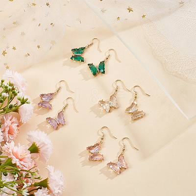 4 Pairs 4 Colors Real 14K Gold Plated Cubic Zirconia Butterfly Dangle Earrings EJEW-AN0003-82-1