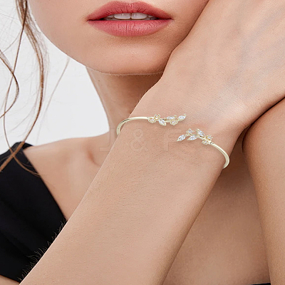 1Pc Elegant Brass Cubic Zirconia Leaf Cuff Bangles for Women BJEW-LP0003-33G-03-1