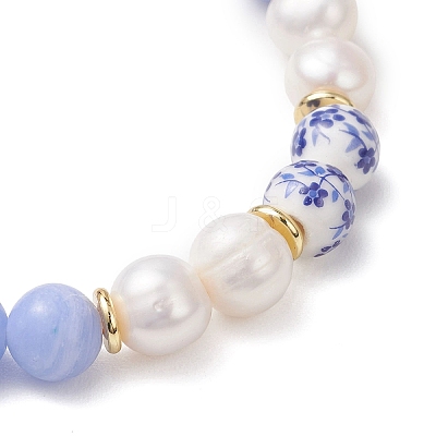 Natural Blue Lace Agate & Cultured Freshwater Pearl & Handmade Porcelain Ceramic Beads Stretch Bracelets for Women BJEW-JB13085-1
