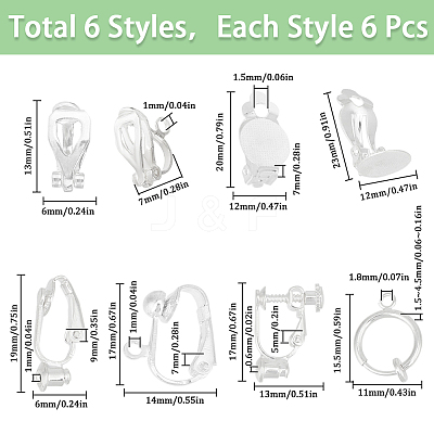 36Pcs 6 Styles Brass Clip-on Earring Converters Findings KK-SC0004-73-1