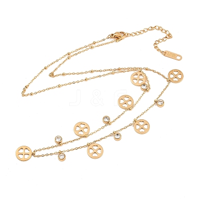Saint Patrick's Day 304 Stainless Steel Crystal Rhinestone Flat Round and Clover Tassel Bib Necklaces for Women NJEW-A064-01G-1