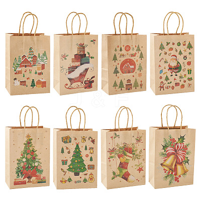 8Pcs 8 Styles Christmas Theme Printed Kraft Paper Bags with Handles ABAG-TA0001-59-1