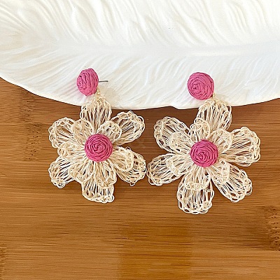 Bohemian Raffia with Linen Stud Dangle Earrings FS-WG91701-02-1