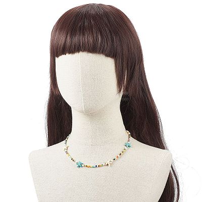 Colorful Synthetic Turquoise Starfish & Shell Pearl & Glass Seed Beaded Necklace for Women NJEW-TA00044-1