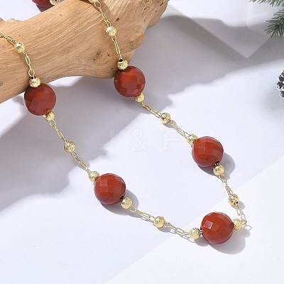 Natural Red Jasper Faceted Flat Round Beaded Chain Necklaces with Matte Brass Beads GG-CBA37F5-01G-01-1