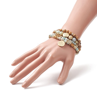 Natural Flower Amazonite & Picture Jasper Beaded Stretch Bracelets Sets with Non-Magnetic Synthetic Hematite BJEW-JB09280-1