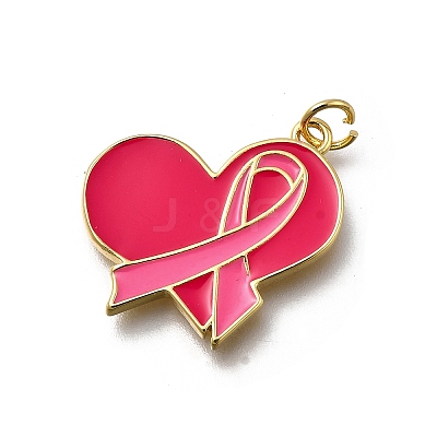 October Breast Cancer Pink Awareness Ribbon Brass Enamel Pendants LS-KK-G525-10G-05-1