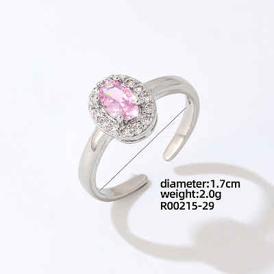 Oval Platinum Brass Open Cuff Ring with Pink Cubic Zirconia EG7863-23-1