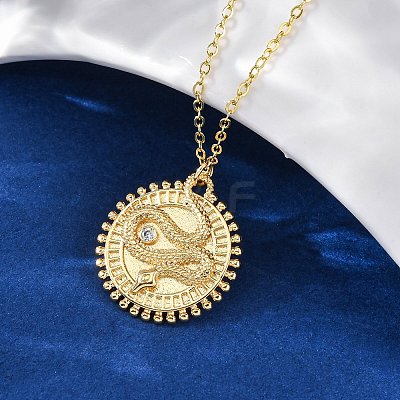 Brass Micro Pave Clear Cubic Zirconia Flat Round with Snake Pendant Necklaces NJEW-S438-02A-G-1