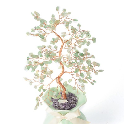 Natural Green Aventurine Chips with Brass Wrapped Wire Money Tree on Ceramic Vase Display Decorations DJEW-B007-01E-1