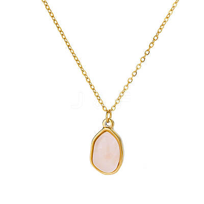 Natural Rose Quartz Irregular Oval Pendant 304 Stainless Steel Cable Chain Necklaces for Women FS-WGF500E-02-1