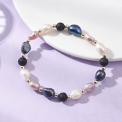 Natural Cultured Freshwater Pearl & Lava Rock Beads Stretch Bracelets for Women BJEW-JB12867-1