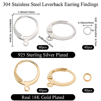 80Pcs 2 Colors 304 Stainless Steel Leverback Earring Findings STAS-SC0010-55-1