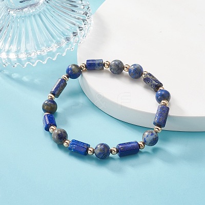 Natural Lapis Lazuli Column & Round Stretch Bracelet for Women BJEW-JB09351-04-1