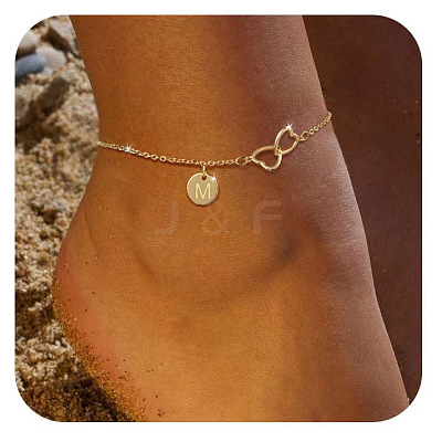 Brass Double Heart Link Flat Round Initial Charm Anklets for Women FS-WGA84B7-16-1