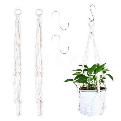 2Pcs Handmade Macrame Polyester with Wood Bead Plant Hanger AJEW-HS0001-46-1