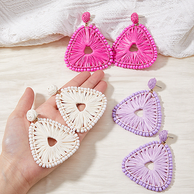 3 Pairs 3 Colors Raffia Grass Braided Triangle Dangle Stud Earrings for Women EJEW-FI0002-28-1