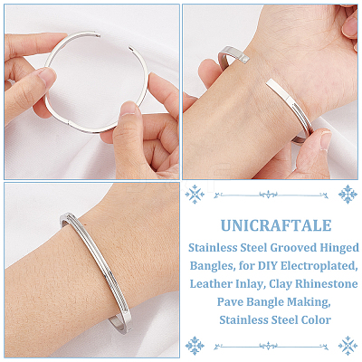 3Pcs Egg Shaped 201 Stainless Steel Grooved Hinged Bangles STAS-UN0048-67-1