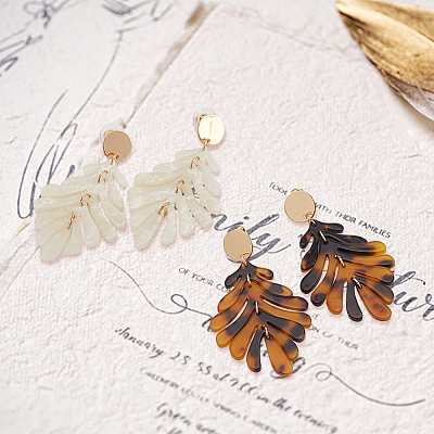 2 Pairs 2 Colors Acrylic Tropical Leaf Dangle Stud Earrings EJEW-AN0001-19-1