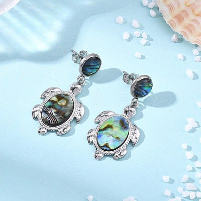 Turtle Natural Paua Shell Stud Dangle Earring EJEW-JE07138-1
