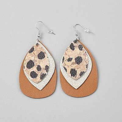 Leather Leopard Print Teardrop Dangle Earrings EJEW-WH0817-005B-1