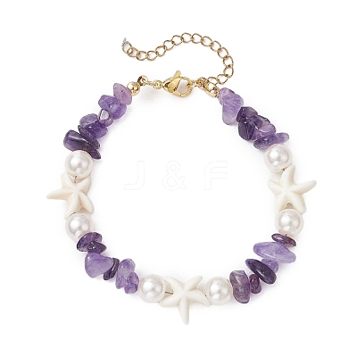 Starfish Synthetic Turquoise & Natural Mixed Gemstone Chip Beaded Bracelets for Women BJEW-JB11264-1