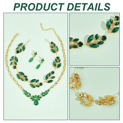 Rhinestone Olive Leaf Dangle Stud Earrings & Pendant Necklace & Bridal Headband SJEW-CA0001-01-1