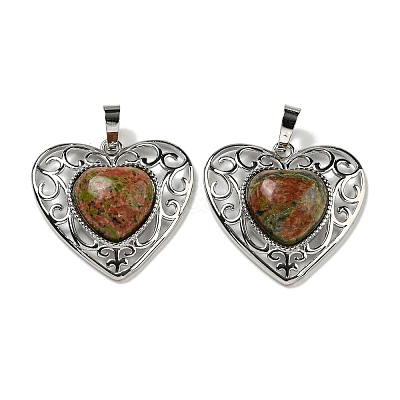 Natural Unakite Peach Love Heart Pendants G-G158-01H-1