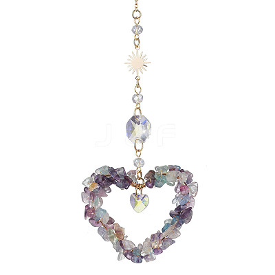 Heart Natural Fluorite Chip Pendant Drcorations HJEW-JM01651-04-1