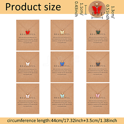 9Pcs 9 Colors Butterfly Acrylic Pendant Necklace with Light Gold Alloy Cable Chains NJEW-AN0001-79-1