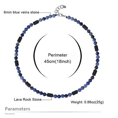 6MM Round Natural Sodalite and Column Natural Lava Rock Beaded Necklaces for Women Men LV4865-1-1
