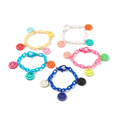 Opaque Acrylic Smiling Face Charm Bracelets BJEW-JB06258-1