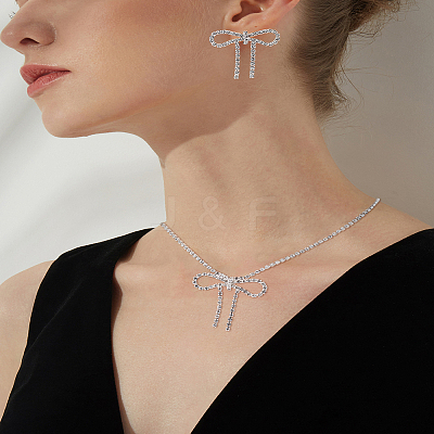 Bowknot Rhinestone Pendant Necklaces & Stud Earrings Sets SJEW-LP0001-53-1