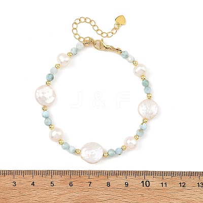 Faceted Round Natural Larimar and Keshi Pearl Coin Beaded Bracelets BJEW-JB14469-1
