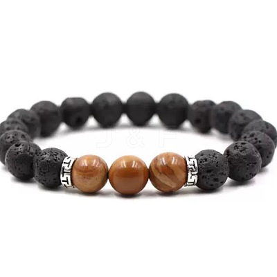 8MM Round Natural Wood Lace Stone and Natural Lava Rock Beaded Stretch Bracelets for Couples BW4110-8-1
