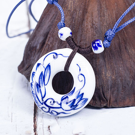 Retro Ethnic Porcelain Pendant Adjustable Polyester Cord Necklaces for Women FS-WGD020A-04-1