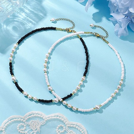 2Pcs 2 Colors Shell Pearl Bead & Glass Seed Beads Beaded Necklaces for Women NJEW-MZ00073-1