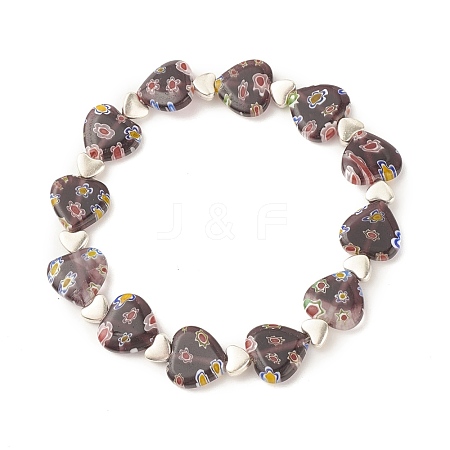 Handmade Millefiori Lampwork & Alloy Heart Beaded Stretch Bracelet BJEW-JB08042-01-1