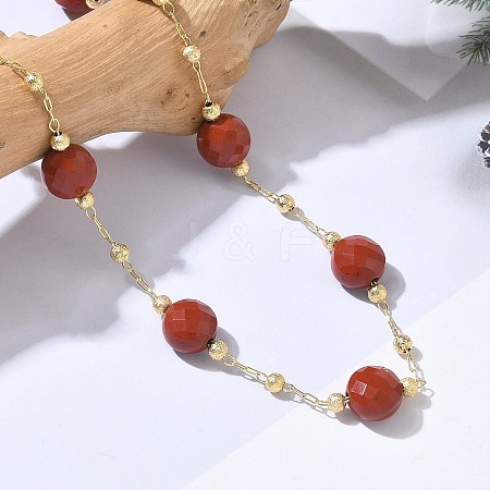 Natural Red Jasper Faceted Flat Round Beaded Chain Necklaces with Matte Brass Beads GG-CBA37F5-01G-01-1